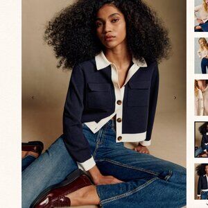 Sezane Betty Cardigan Marine with Ecru Details Size S NWT